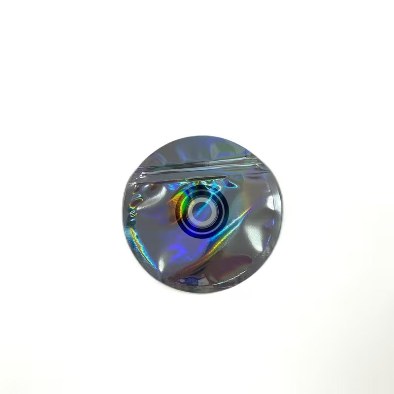 USA STOCK GTA5 Disk Mylar Bags 3.5G 100PCS Holographic Circle Design 9Mil Thick Smell Proof Stand Up Pouch Resealable Zipper Heat Sealable BPA Free Air Tight Storage Bags for Herbs Candy Travel Camping Users