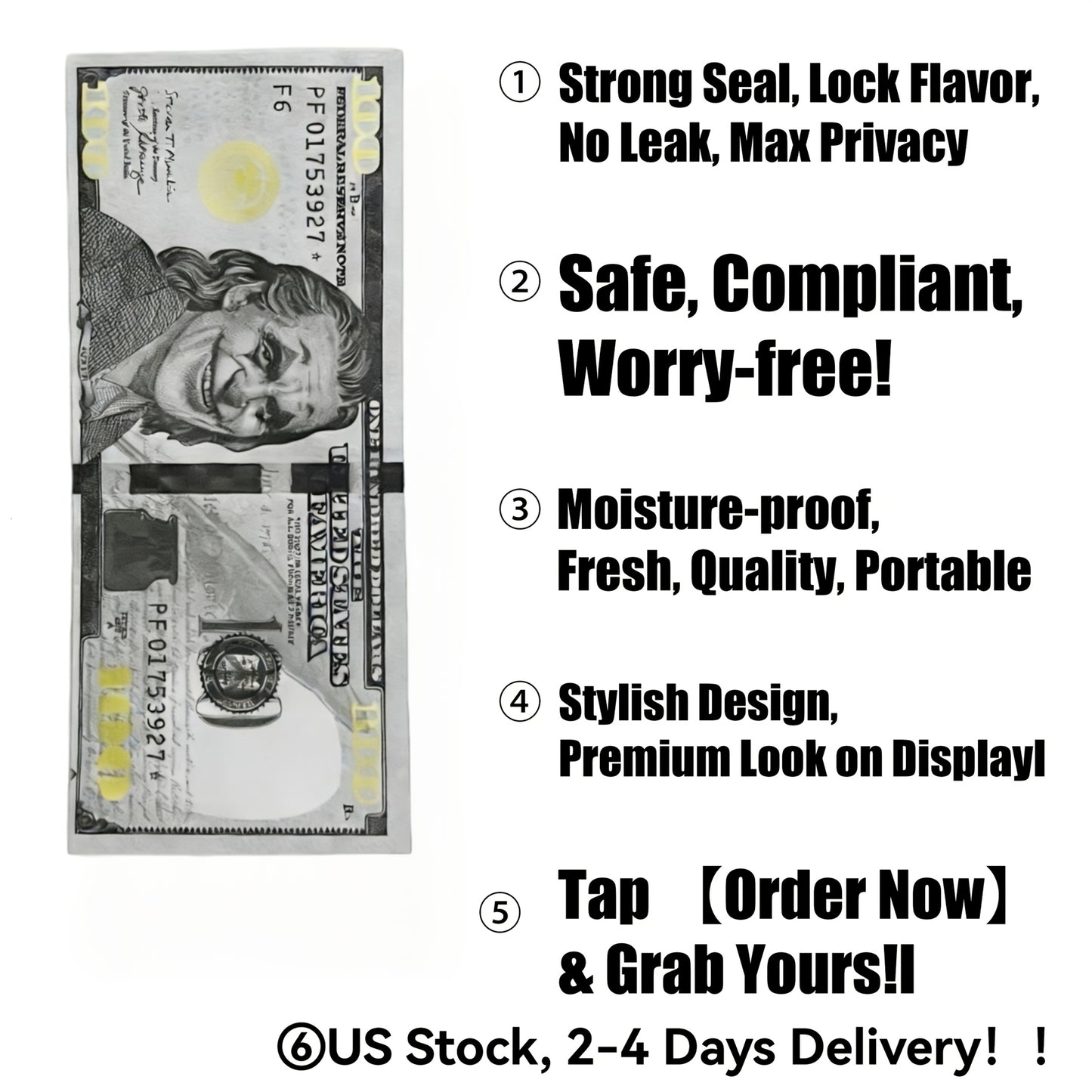 US Stock 2-4 Days Smell Proof Resealable Mylar Bags - 3.5g 100 Pcs, 6.1"×2.56" Portable Heavy Duty Airtight, Unique Gold Dollar Clown US Viral Movie Design Ideal For Stash, Collectibles, Travel & Gaming