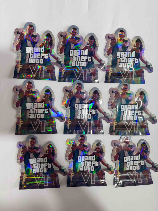 Gift Wrapping GTA6 Printed Mylar Bags 3.5G 100PCS 9Mil Holographic Stand Up Pouch Resealable Zipper Smell Proof Storage Bags for Game Fans Daily Use