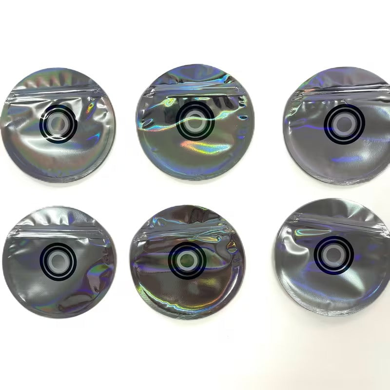 USA STOCK GTA5 Disk Mylar Bags 3.5G 100PCS Holographic Circle Design 9Mil Thick Smell Proof Stand Up Pouch Resealable Zipper Heat Sealable BPA Free Air Tight Storage Bags for Herbs Candy Travel Camping Users